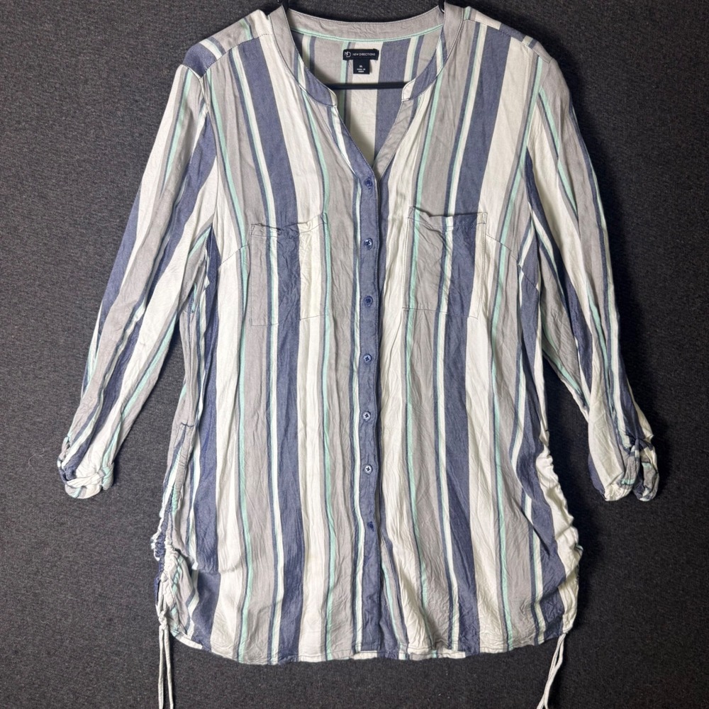 Womens XL Striped Button Down Tunic Top Ruched Sides Coastal Beachy Nautical
